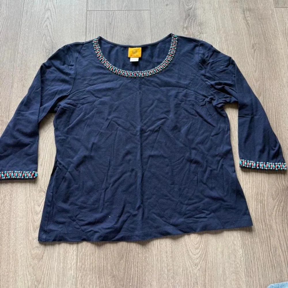 Ruby Rd Beaded Top Women's Large Black 3/4 Sleeve Stretch Casual Blouse - Picture 1 of 3